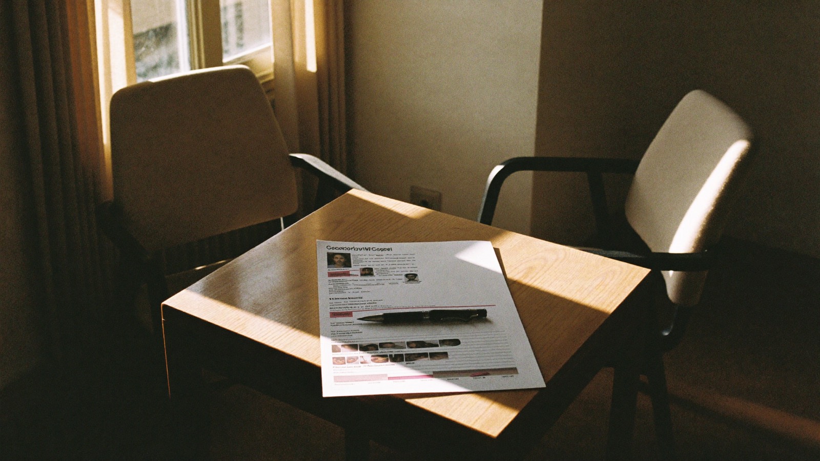 Two chairs facing each other across a small table holding a printed CV and a scorecard, in warm afternoon light